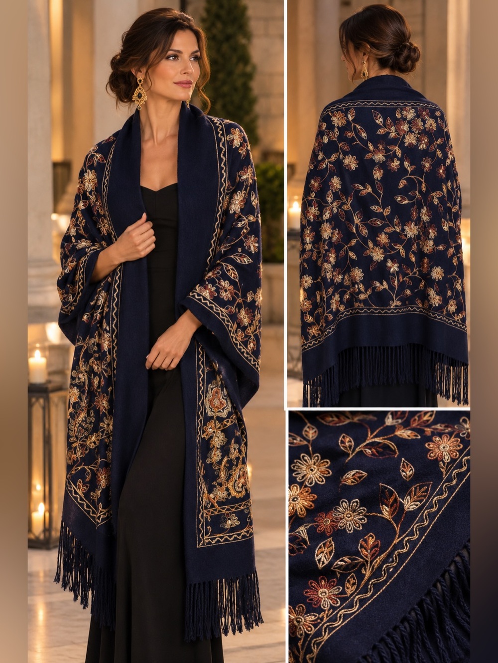 Elegant Cashmere Wool Embroidered Floral Navy Oversized Shawl Wrap Evening